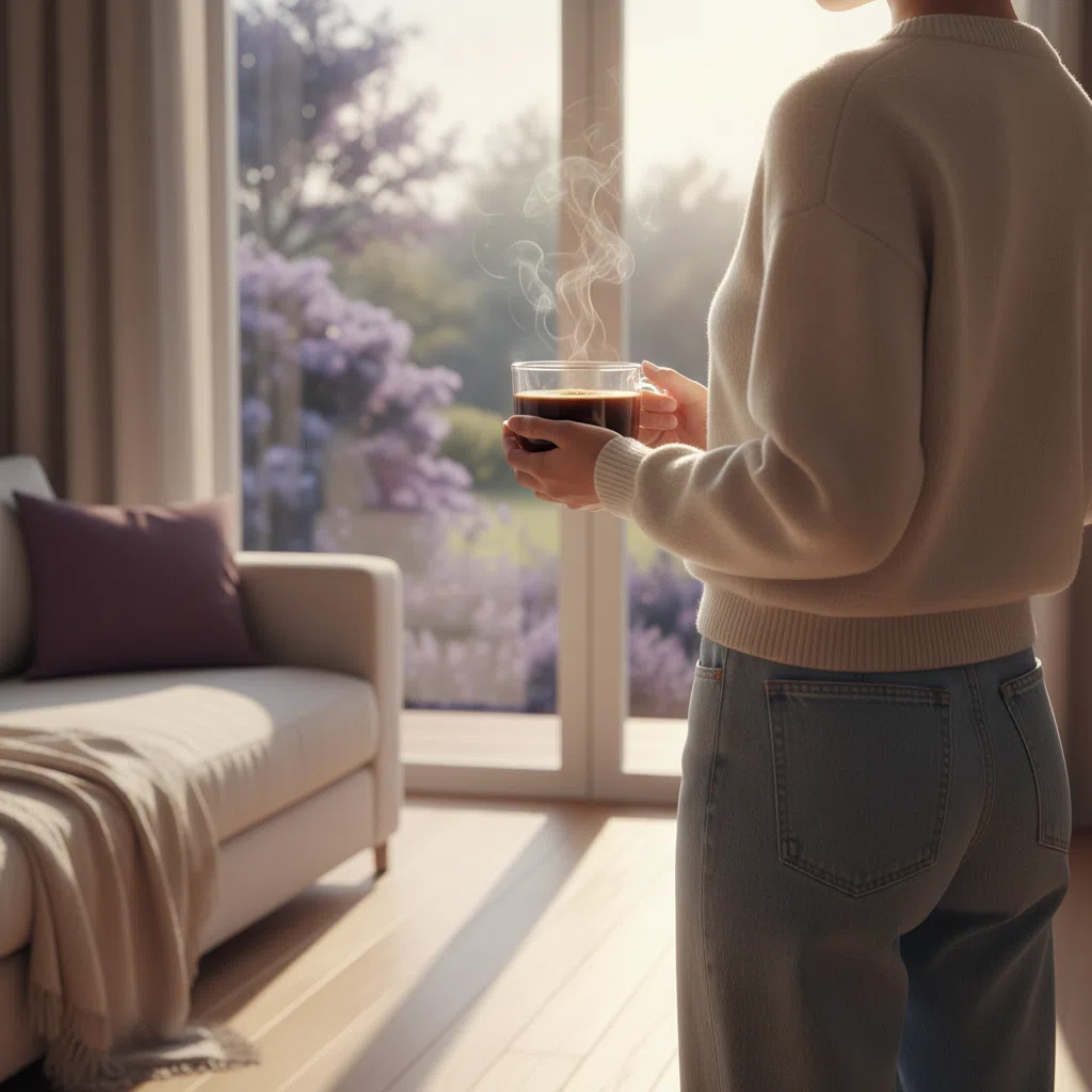 A person holding a glass mug of coffee in morning light - everyday wellness routine